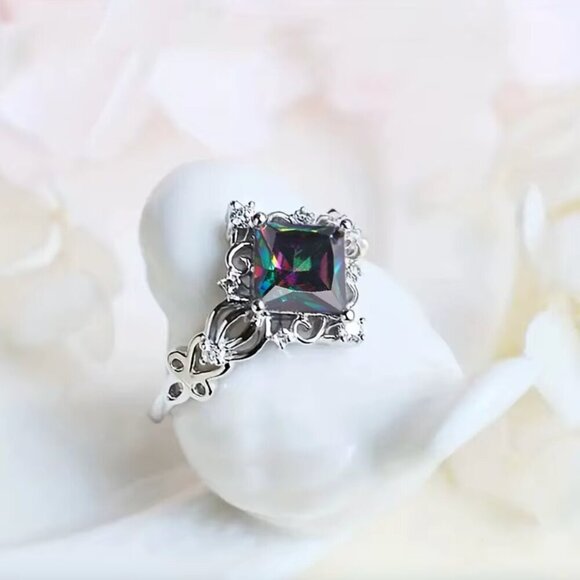 NEW 925 Sterling Silver Mystic Topaz Diamond Ring Princess Cut Ring - Picture 2 of 4